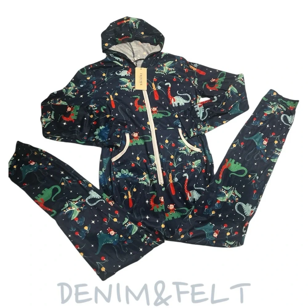 NEW Ekouaer Kids Holiday Dinosaur Hooded Union Suit Navy Blue‎ Size 150 10-12Y